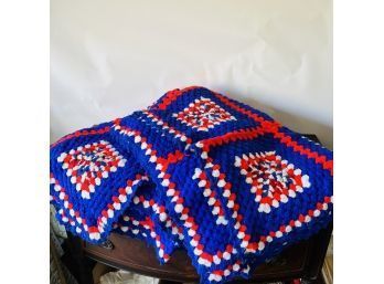 Pair Of Red And Blue Afghan Blankets