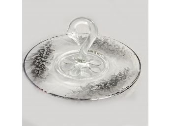 Paden City Swan Center Handled Tray Silver Overlay In Morning Glory Pattern