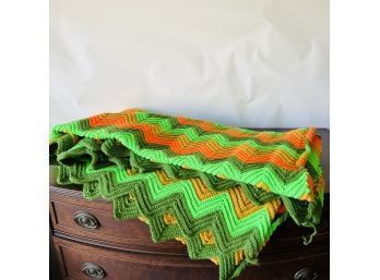 Vibrant Vintage Afghan Throw Blanket In Zig-zag Pattern - Throw Size