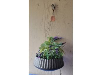Hanging Scalloped Galvanized Metal Planter With Faux Flower Garland
