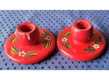 Set Of 2 Red Wooden Candle Holders From Sweden