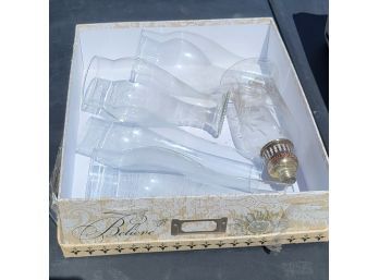 Box Of Clear Hurricane Lamp Covers And 1 Candle Holder