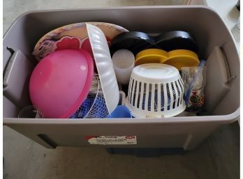 Large Tote Of Kitchen Items And Picnic Plastic Wear