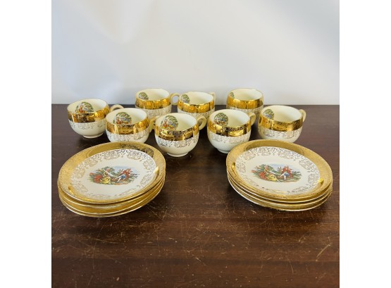 Sabin Crest-O-Gold Mini Tea Cups And Saucers -  22k Gold Accents - 16 Pieces