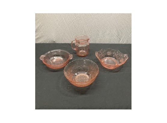 Three Vintage Pink Depression-style Glass Bowls, One Pink Depression Glass Princess Design Pitcher