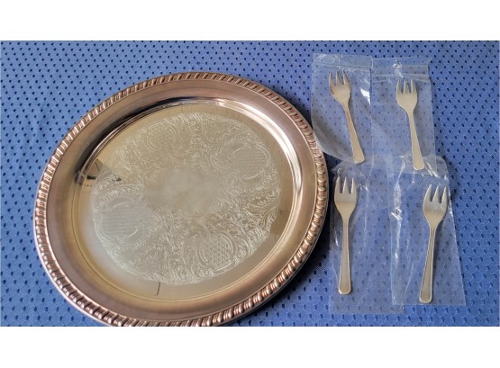 Silver Plated Platter And 4 Forks