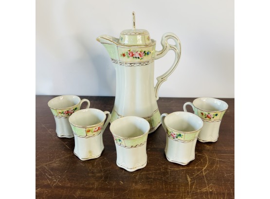 Vintage Nippon Hand Painted Chocolate Pot Set With Cups And Saucers