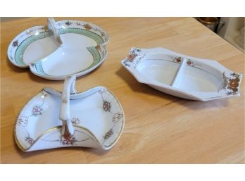 Vintage Hand Painted Divided Dishes And Basket - Noritake And Nippon