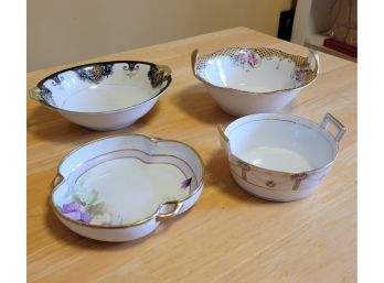 Set Of Four Vintage Hand Painted Handled Bowls - Nippon And Noritake