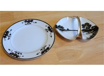 Set Of Two Black And White Floral Nippon Dishes With Gold Accents