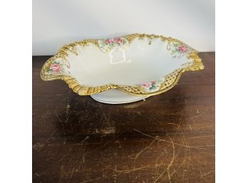 Vintage Nippon Serving Bowl Gold And Floral Pattern With Ruffled Edge