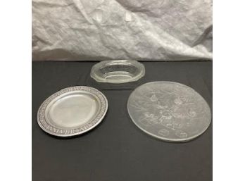 Etched Glass Christmas-Themed Platter, Etched Glass Candy Dish, 'Happy Anniversary' Pewter-toned Platter