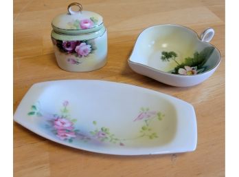 Noritake And Nippon Hand Painted Dishes: Jar, Heart Dish And Tray