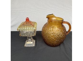 Vintage Glass Wedding Cake Box Pedestal Candy Dish W/Lid And Amber-colored Glass Water Pitcher
