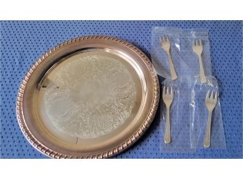 Silver Plated Platter And 4 Forks