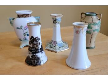 Set Of Four Vintage Nippon Vases And One Candle Holder