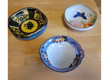 Set Of Three Hand Painted Vintage Dishes In Bold Colorways - Nippon And Noritake