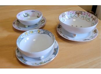 Vintage Nippon Footed Bowls With Matching Saucers (with Berry Bowl) - Three Sets