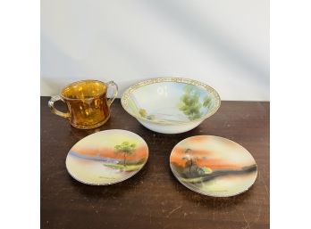 Vintage Hand Painted Nippon Bowl, Noritake Maine Souvenir Plates And Orange Glass Cup