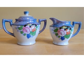 Vintage Lusterware Blue Floral Sugar And Creamer Stamped Made In Japan