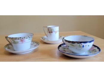 Set Of Three Vintage Nippon Tea Cups And Saucers