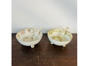 Vintage Pair Of Hand Painted Footed Bowls With Matching Spoons