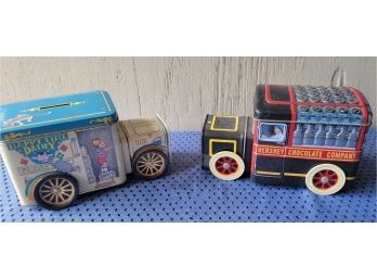 Set Of Two Vintage Tin Trucks: Hershey And Happy Time Dairy Bank