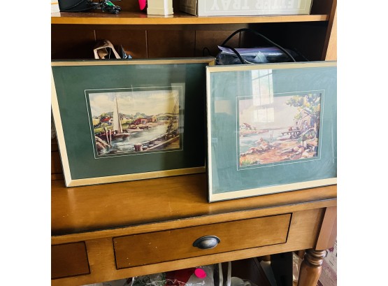 Pair Of Vintage Framed Prints With Green Mats - Water Scenes
