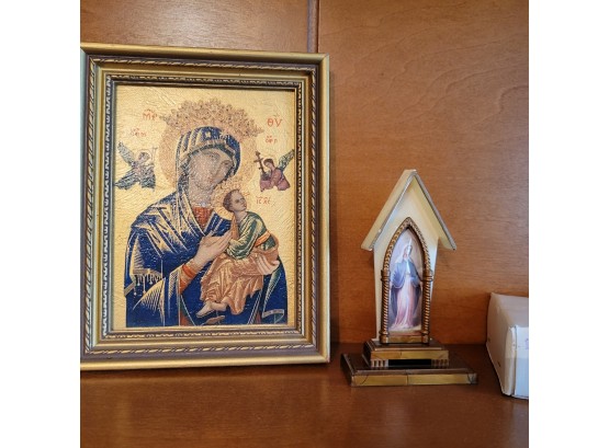 Religious Print And Blessed Mother Figurine From Italy