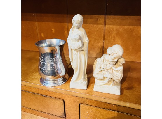 Set Of Two Ceramic Religious Figures And Commemorative Pewter Cup