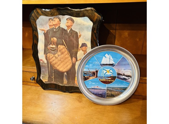 Souvenir Tray From Nova Scotia And Normal Rockwell Baseball Print On Wood