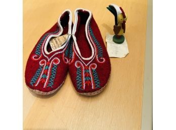 Vintage Wool Slippers And Chicken Figure From Poland