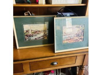 Pair Of Vintage Framed Prints With Green Mats - Water Scenes