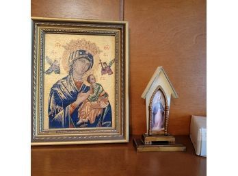 Religious Print And Blessed Mother Figurine From Italy