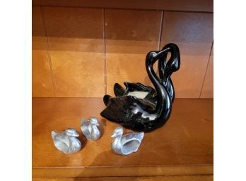 Vintage Black Swan Dish And 3 Silver Colored Duck Napkin Rings