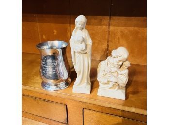 Set Of Two Ceramic Religious Figures And Commemorative Pewter Cup