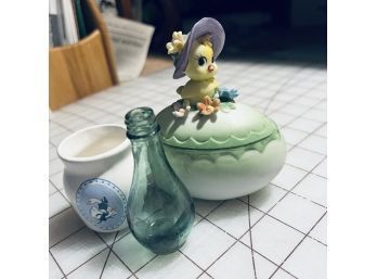 Little Chick Ceramic Trinket Box, Mini Glass Bottle And Mini Goose Vase