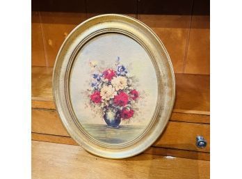 Vintage Framed Floral Print In Oval Frame