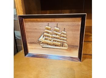 Vintage Polish Chipped Wood Dimensional Boat In Frame