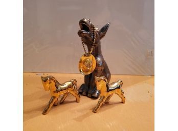 Metal Bronze Colored Donkey Plus 2 Small Horse Figures