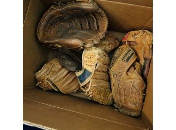 Box Lot Of Vintage Leather Baseball Gloves