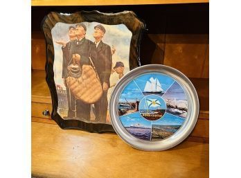 Souvenir Tray From Nova Scotia And Normal Rockwell Baseball Print On Wood