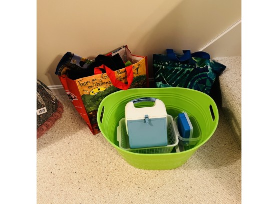 Plastic Bins, Small Cooler, Reusable Bags And Tote With Plastic Cutlery (basement)