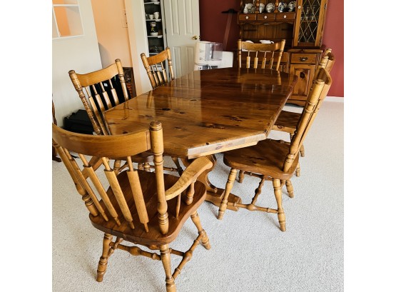 Country River Masterpiece Pine Trestle Dining Table With 6 Chairs And Extension Leaves (basement)