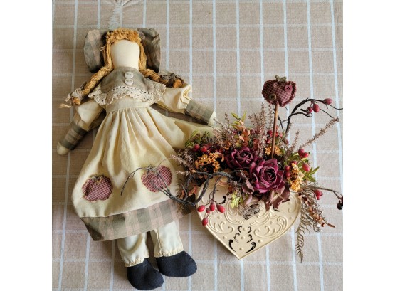 Rag Doll And Heart Tin With Faux Florals
