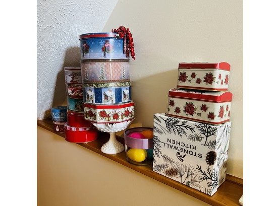 Decorative Tins, Boxes And Milk Glass Pedestal Bowl (basement)