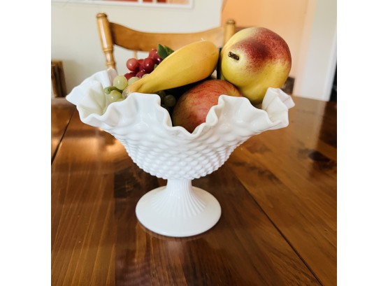 Fenton Milk Glass Ruffled Pedestal Bowl With Faux Fruit (Basement)