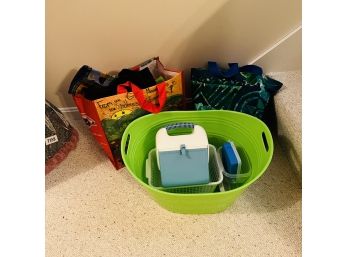 Plastic Bins, Small Cooler, Reusable Bags And Tote With Plastic Cutlery (basement)