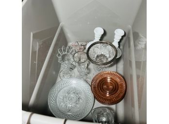 Bin Lot With Glassware And Milk Glass Candlesticks (basement)