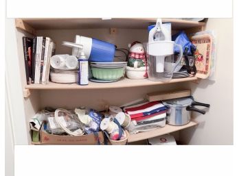 Shelf Lot: Cookbooks, Jug, Brita Water Filter, Trays, Grill, Etc. (Basement)